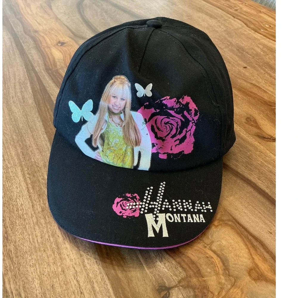 Disney Hannah Montana Miley Cyrus Y2K Black Rhinestone Hat Cap Roses Girls